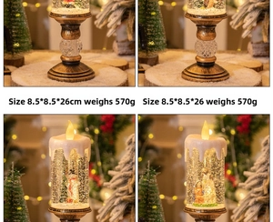 Detail of a 26cm Christmas candle lantern with liquid glitter and snowman figurine
