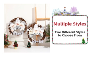 Christmas wreath detail with plush Santa and Snowman figures on natural rattan circles