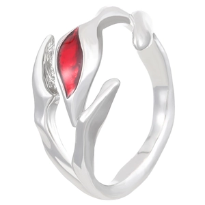 Detail view of gothic punk silver ring featuring a marquise red gemstone setting