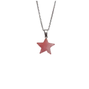 Detailed close-up of a silver chain necklace featuring a smooth pink star stone pendant