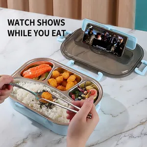 Three-grid 304 stainless steel bento box with a phone holder lid and food sections