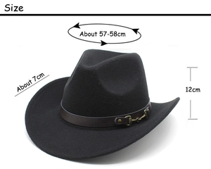 Detailed dimensions of black wool cowboy hat with belt buckle and curved brim