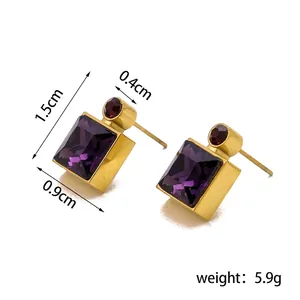Gold square earrings with deep purple crystal studs and top ruby-red gemstone accents