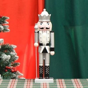Silver Wooden Nutcracker King Soldier With Scepter Crown Festive Christmas Home Decoration Desktop Ornament Hand Painted Craft