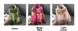 Detailed comparison of green, pink, and beige plaid scarves with soft tassels