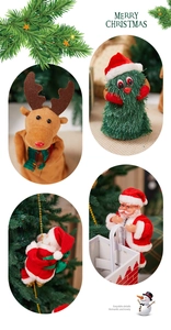Exquisite Details von Plüsch-Rentier, Weihnachtsbaum und kletterndem Weihnachtsmann