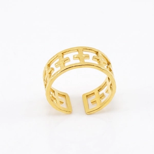 Minimalist gold plated stainless steel open ring with hollow geometric cross patterns