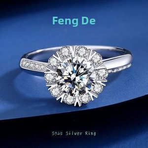 Detailed view of S925 silver halo ring with a round brilliant cut center stone