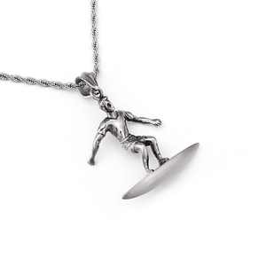 Silver punk style stainless steel surfing man pendant necklace on twisted rope chain