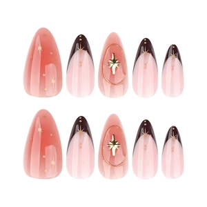 French almond press-on nails with 3D star charms and gradient pink starry design