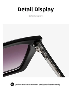 Detailed close-up of metal hinge on square black sunglasses with purple gradient lenses
