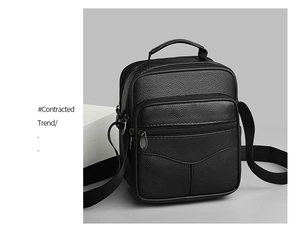 Side view of black lychee leather crossbody bag with multiple zippered compartments