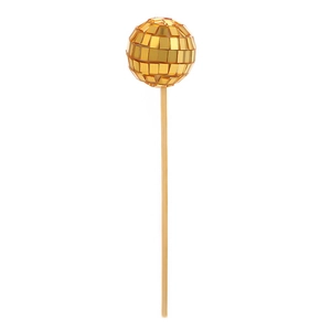 Golden disco ball cake topper with wooden stick on white background for festive party