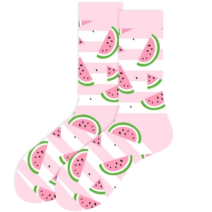 Detailed view of pink and white striped socks featuring vibrant watermelon slice patterns