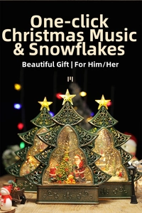 Detail of vintage Christmas tree music box with swirling snow and warm LED lighting effect