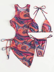 Detailed flat lay of a 3-piece marble print bikini set including top, bottom and beach skirt