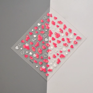 3D heart nail stickers with pink gradients, silver outlines, and rhinestones, model Co-212