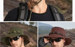 Close-up of outdoor sun hat with wide brim, adjustable wind rope and side metal buttons