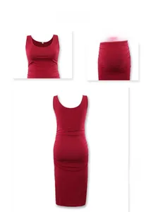 Detail view of burgundy sleeveless maternity dress showing side ruching and fabric texture
