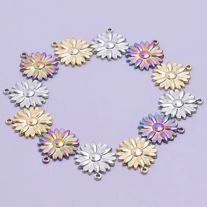 Set of 12 stainless steel sunflower charms in gold, silver, and rainbow finishes