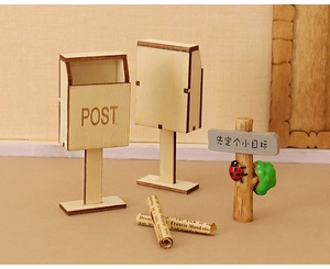 Miniature wooden postbox set with signpost and paper scrolls for dollhouse DIY scenes