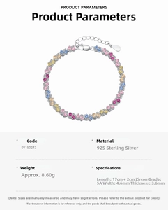 Detail of S925 silver bracelet with colorful 5A heart-shaped cubic zirconia and lobster clasp