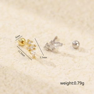 S925 silver teardrop piercing stud earring with zircon showing detailed dimensions