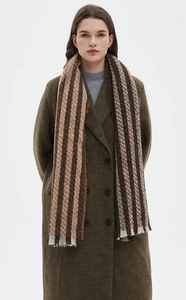 Detail shot of brown striped scarf with fringe texture worn on olive green wool coat