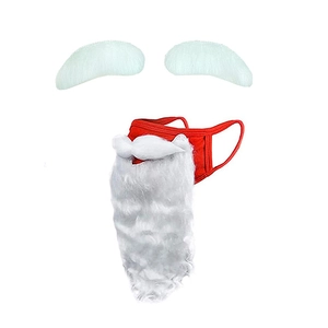Detail of red Santa mask with long white faux fur beard and matching eyebrows set