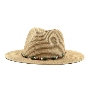 Men's khaki Panama straw hat with colorful beads band for outdoor sun protection