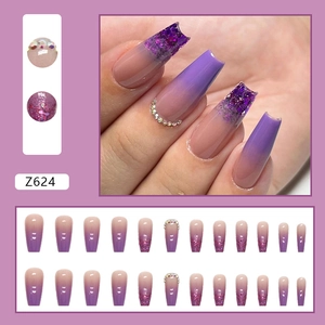 Purple glitter press-on nails with rhinestones in long ballerina shape set of 24 pieces