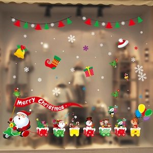 Merry Christmas electrostatic stickers with Santa Claus and festive train for window decor