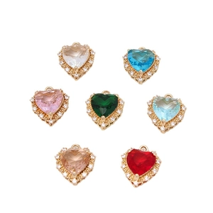 Golden heart pendants with colorful zircon stones for DIY necklace and earring making