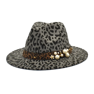 Stylish grey leopard print wool fedora hat for women with decorative pearl and gold band
