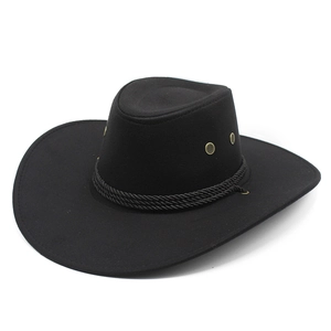 Detail of black suede cowboy hat crown featuring metal eyelets and braided rope band