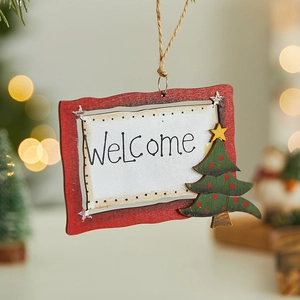 Wooden Christmas welcome sign hanging decoration with green tree and red wave border