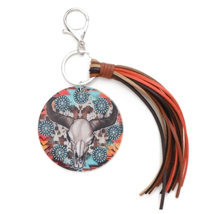 Western style acrylic round keychain with bull skull print and colorful leather tassel