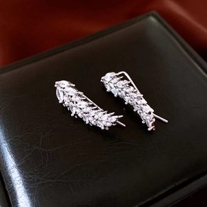 Macro view of silver feather earrings with sparkling zircon inlay on black leather box