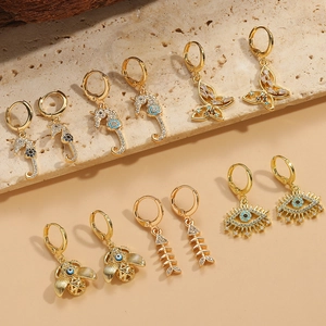 Retro Copper Zirconia Marine Life Drop Earrings Seahorse Butterfly Evil Eye Fish Bone Animal Jewelry For Women