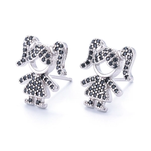 Silver girl-shaped stud earrings with sparkling black zircon stones on white background