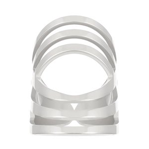Macro view of wide silver hollowed multi-layer geometric stainless steel ring
