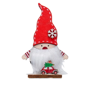 Decoración de escritorio gnomo navideño de madera con gorro rojo y trineo fondo blanco