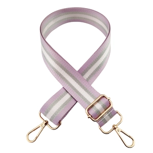 Adjustable purple and white striped thick cotton bag strap with golden metal lobster clips