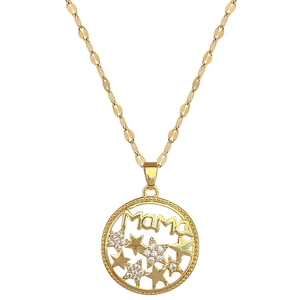 Gold stainless steel star necklace featuring MAMA lettering pendant with crystal pavé