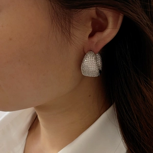 Luxurious silver pavé zircon hoop earrings for women with elegant minimalist design