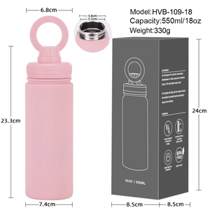Pink stainless steel sport water bottle 18oz with magnetic cap and wide mouth on white background