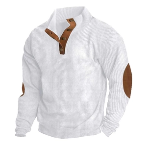 Close-up of white knit pullover sweater with brown buttons and contrast elbow patches