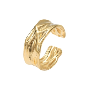 Irregular textured gold plated stainless steel open ring with lava molten design finish