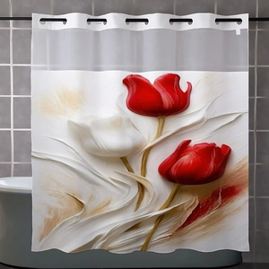 Detailed close-up of 3D floral printed shower curtain with red and white tulips