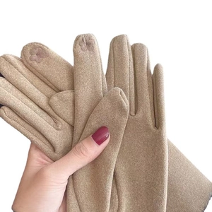 Elegant khaki bow touchscreen gloves for women with delicate floral embroidery on fingertips
